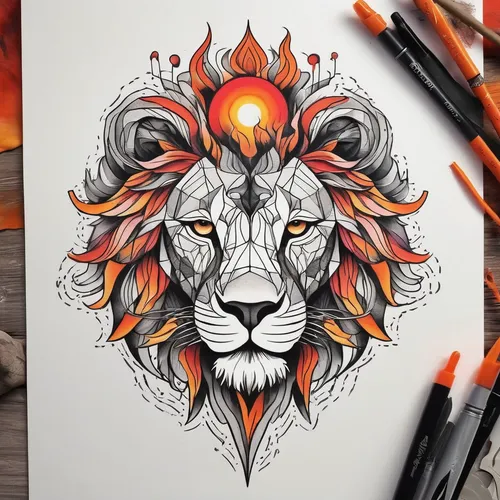 Illustrate a tattoo outline of a majestic lion's head against a fiery sunset.,lion,african lion,masai lion,lion white,forest king lion,panthera leo,lion head,fire mandala,zodiac sign leo,two lion,lion