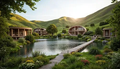 hobbiton,rivendell,shire,nargothrond,riftwar,fantasy landscape,idyllic,watermill,beleriand,ecotopia,elves country,hobbit,fairy village,boardinghouses,fantasy picture,watermills,hobbits,water mill,ponds,floating huts