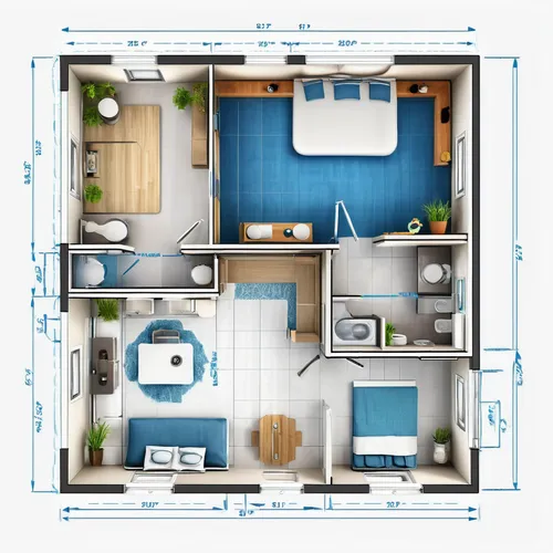 Design a cozy studio apartment optimized for efficient living in a small space. Include a multifunctional living/sleeping area, compact kitchenette, and a separate bathroom with clever storage solutio