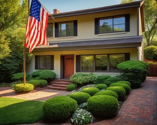 Retro 1970s suburban residential home, two-story, sloping roof, wooden panels, large windows, sliding glass doors, patio with outdoor furniture, lush greenery, trimmed hedges, colorful flowerbeds, bri