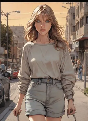 digital compositing,woman walking,pedestrian,girl walking away,haifa,skort,a pedestrian,farrah fawcett,on the street,pedestrians,see-through clothing,plus-size model,walking,photoshop manipulation,advertising figure,retro woman,in shorts,blonde woman,hollywood actress,plus-size,Digital Art,Comic