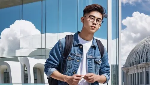 senior high school student, male, 18yo, fashionable hairstyle, glasses, casual wear, denim jacket, white T-shirt, ripped jeans, sneakers, backpack, holding architectural model, confident pose, standin