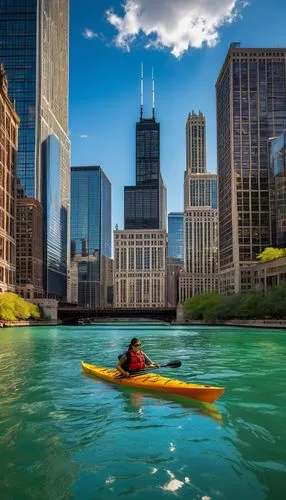 Chicago cityscape, kayak architecture tour, Riverwalk, sunny day, blue sky with few white clouds, Willis Tower, modern skyscrapers, historic buildings, glass reflections, water rippling, kayak paddlin