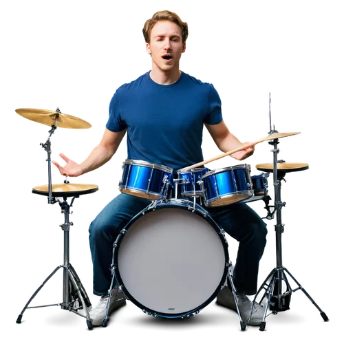 Drum set, dynamic pose, shiny metal drums, wooden drumsticks, energetic musician, sweaty hands, focused facial expression, spotlight shining down, dark blue background, 3/4 composition, high contrast 