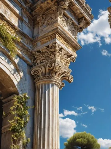 Ancient Greek architectural pilasters, ornate marble columns, intricate carvings, golden details, grandiose building facade, symmetrical composition, bright blue sky, fluffy white clouds, warm sunligh