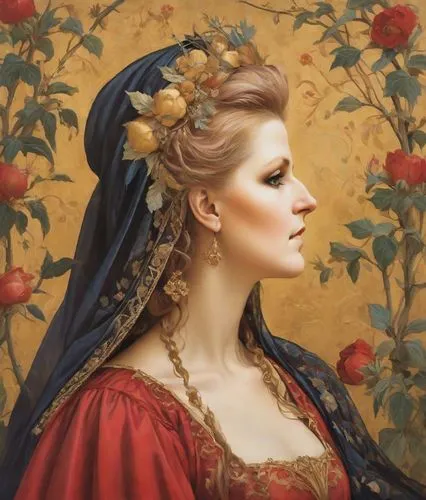 persephone,ceremonials,frigga,rose wreath,lucrezia,habanera,Digital Art,Impressionism