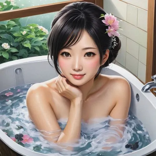 bath,bathtub,taking a bath,the girl in the bathtub,tub,bathing,milk bath,bath oil,bathtub accessory,bath with milk,water bath,bathing fun,japanese woman,spa,asian woman,japanese idol,hot spring,hot water,japanese art,bird in bath,Illustration,Japanese style,Japanese Style 09