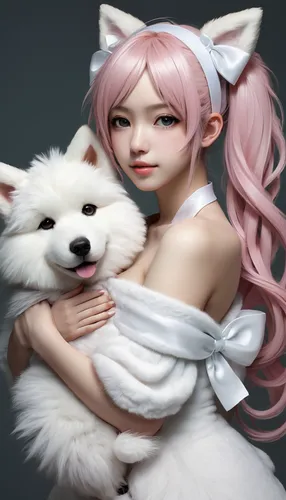 samoyed,kitsune,japanese spitz,white dog,girl with dog,white cat,american eskimo dog,whitey,akita inu,fantasy portrait,pomeranian,portrait background,wolf couple,canine rose,pet,shiba,angora,furta,white shepherd,bichon frisé,Conceptual Art,Fantasy,Fantasy 11