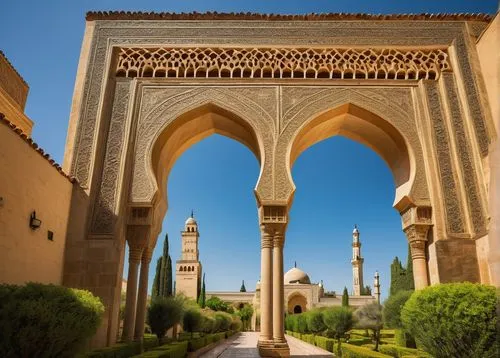 Cordoba architecture, ancient mosque, intricate stone carvings, ornate arches, Islamic geometric patterns, grand entrance, towering minarets, lush greenery surrounding, vibrant flowers, sunny day, cle