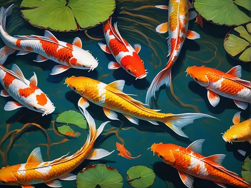 Draw a vibrant and lively koi fish swimming in a clear pond.,koi fish,koi carp,koi pond,koi carps,koi,school of fish,fishes,fish in water,fish collage,tropical fish,kimono fabric,ornamental fish,japan