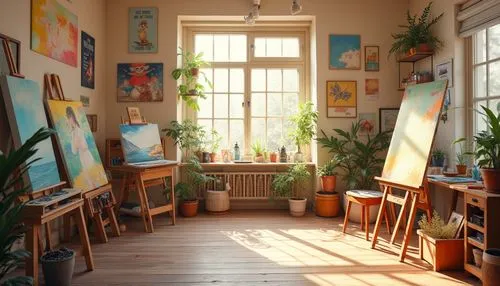 atelier,sunroom,easels,art gallery,art academy,gallery,workspace,nursery,easel,morning light,studio light,photo painting,study room,classroom,overpainting,working space,photorealism,art painting,photography studio,watercolor shops,Photography,General,Realistic