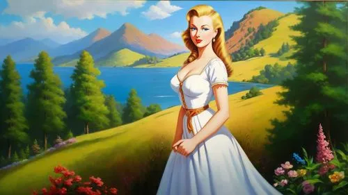 Romantic masterpiece oil painting, cute girl portrait, nostalgic 1950's style kitsch, lush forest hills landscape, mountainous rolling hills  scenery, by Thomas Kinkade, by Bob Ross,khokhloma painting