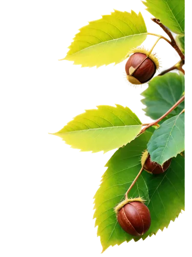 Chestnut tree, autumn season, brown chestnuts, green chestnut leaves, serrated edges, veins visible, leaf stem attached, soft sunlight filtering through leaves, shallow depth of field, warm color tone