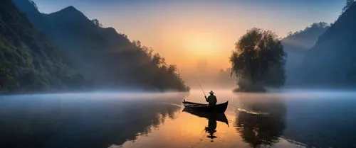 пусто,a man fishing while setting sun behind him,boat landscape,old wooden boat at sunrise,fisherman,row boat,canoeing,guizhou