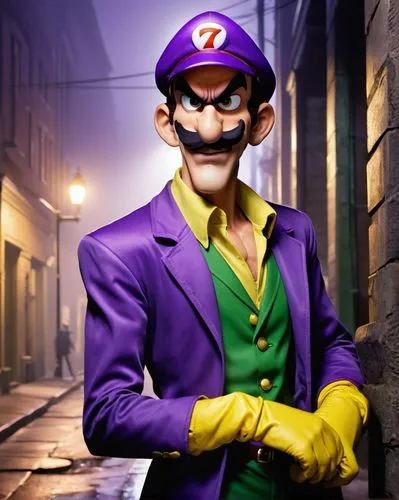 Waluigi, purple hat, sly eyes, wicked smile, green jacket, yellow gloves, slender figure, leaning against wall, city alley, night scene, dim streetlights, foggy atmosphere, low-angle shot, dramatic sh