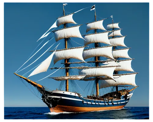 Large sailing ship, majestic, white sails, blue ocean, sunlight reflecting off waves, detailed ropes, wooden deck, metal anchors, billowing flags, seagulls flying overhead, low-angle shot, dramatic li