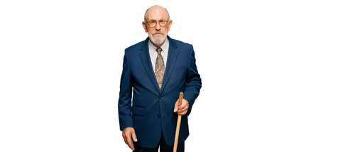 Old wise man, solo, (60yo), white beard, glasses, wrinkles, brown eyes, balding hair, suit, tie, holding cane, standing, confident posture, softbox lighting, shallow depth of field, warm color tone, c