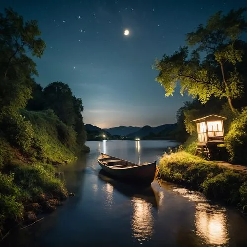 boat landscape,night image,houseboat,night photograph,night photography,japan's three great night views,night scene,pawlowicz,little boat,narrowboat,floating on the river,the night of kupala,house by the water,nightscape,wooden boat,abandoned boat,clear night,moonlit night,night photo,pedalo,Photography,General,Cinematic