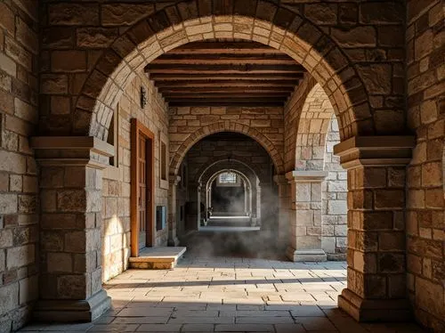 Rustic stone walls, weathered brick facades, ornate carvings, intricate stonework patterns, earthy color palette, tactile rough-hewn textures, medieval-inspired arches, grand entranceways, sturdy colu