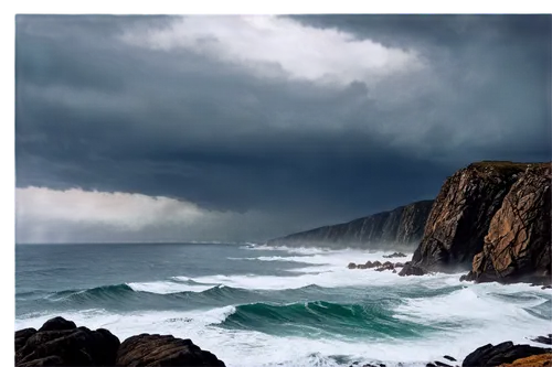 Turbulent sea, massive stormy waves, dark blue ocean, lightning in background, powerful wind blowing, rugged rocks on shore, dramatic clouds, misty atmosphere, 3/4 composition, high contrast lighting,