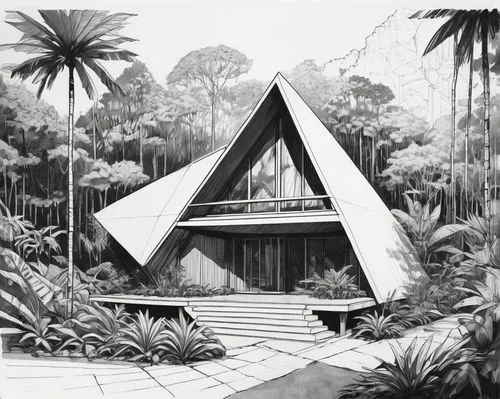 tropical house,biomes,tikal,amazonica,gondwanaland,palm house,wigwam,dymaxion,biodome,sketchup,glasshouse,fordlandia,polyneices,yasuni,biome,polygonal,yavin,temples,pyramid,neotropical,Illustration,Black and White,Black and White 12