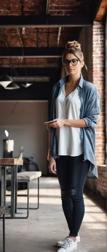 Modern interior designer, female, 28yo, casual chic, messy bun, glasses, white shirt, dark jeans, sneakers, standing, Nashville, TN, industrial loft, exposed brick wall, wooden beam ceiling, concrete 