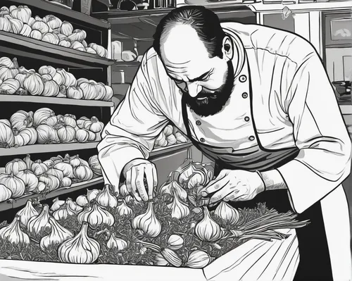 In a gourmet restaurant, a chef meticulously selects the finest garlic bulbs to enhance the flavors of their dishes.,greengrocer,cultivated garlic,chinese garlic,onion bulbs,a clove of garlic,garlic b