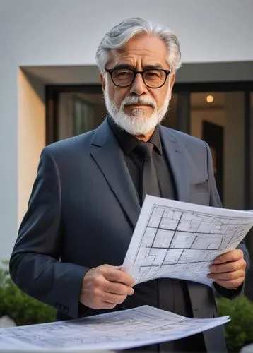 Middle-aged chief architect, mature gentleman, bespectacled, grey hair, trimmed beard, formal attire, black suit, white shirt, silver tie clip, holding a blueprint, standing in front of a luxurious vi