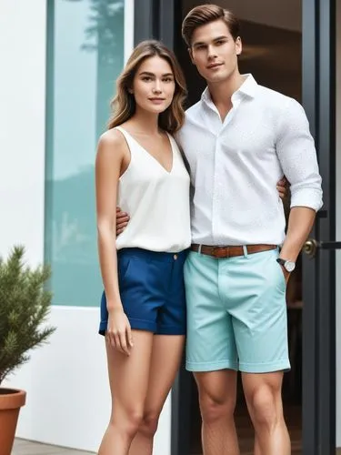 Create an elegant hand-holding couple in shorts that will show off your best work.,a man and woman posing for a po outside a building,bermudas,social,young couple,lindos,lakorn,anntaylor