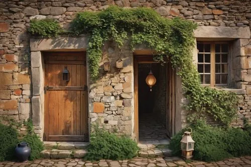 Rustic architectural design, rural countryside setting, Brough village, old stone buildings, wooden doors, traditional windows, clay roof tiles, overgrown with vines, moss-covered walls, worn-out pave