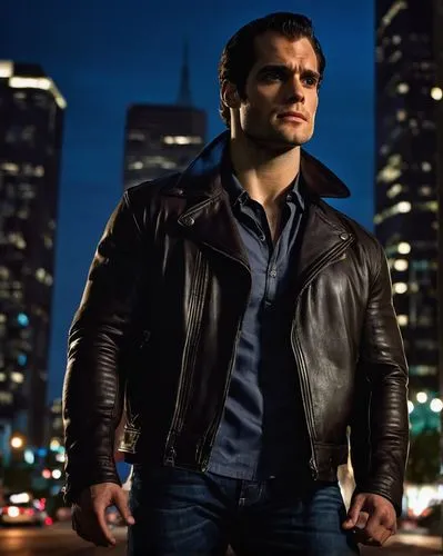 Henry Cavill, muscular man, solo, (30yo), strong facial features, blue eyes, short brown hair, slight beard, white shirt, black leather jacket, dark jeans, boots, confident pose, standing, city street