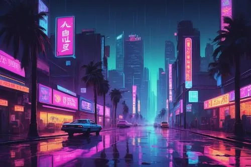 neon lights,cityscape,cyberpunk,neon,neon light,neon arrows,rainy,80's design,colorful city,aesthetic,miami,fantasy city,city lights,honolulu,evening city,drizzle,boulevard,retro background,futuristic landscape,nightlife,Illustration,Paper based,Paper Based 17