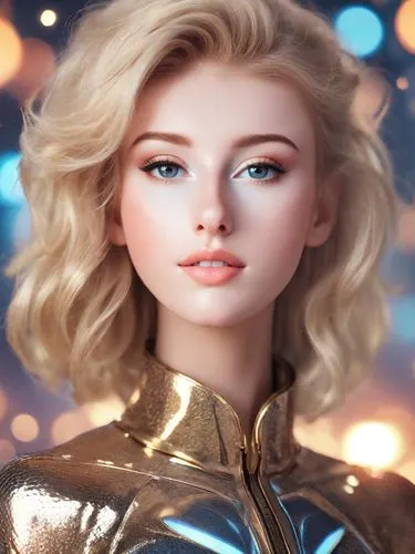 Face closeup, super cute trendy girl, peroxide blonde, makeup model, creative makeup, magazine cover, maestro, abstract, metallic eyeshadow, eyes closed, futuristic clothes, holographic, hints of blue