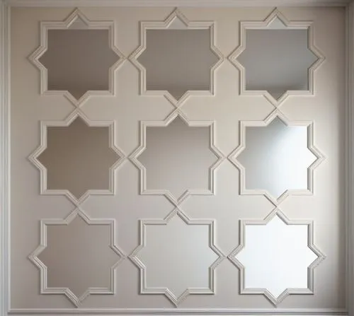 an ethnic ceiling in mdf duco painted in white color with mouldings and white space will have mirror,wall panel,quatrefoil,patterned wood decoration,lattice window,room divider,ceramic tile,spanish ti