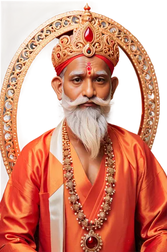 Ganpati Ji, Indian deity, orange robe, intricate headdress, sacred thread, vermilion mark on forehead, serene facial expression, gentle eyes, wispy white beard, ornate throne, golden ornaments, soft w