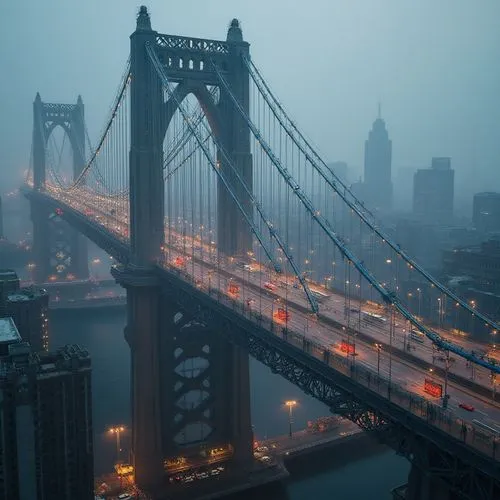 manhattan bridge,brooklyn bridge,george washington bridge,triborough,bridged,manhattan,pont,harbor bridge,queensboro,newyork,triboro,foggy,roebling,new york,golden bridge,bridges,foggy day,north american fog,spit bridge,blue hour,Photography,General,Realistic