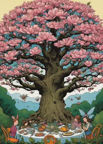 Create a whimsical painting of a dinner-plate magnolia tree surrounded by fairies and magical creatures.,sakura tree,the japanese tree,blossom tree,sakura trees,peach tree,sakura branch,japanese kuche