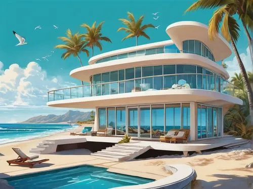 tropical house,pool house,holiday villa,beachfront,beach resort,paradisus,beach house,oceanfront,dreamhouse,seaside resort,luxury property,dream beach,beachhouse,tropical island,holiday complex,aqua studio,resort,ocean paradise,luxury home,ocean view,Illustration,Retro,Retro 12