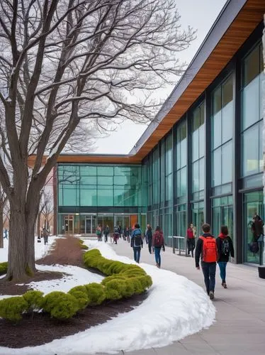 University campus, architectural design building, Canada, modern glass facade, steel structure, intricate stone carvings, large wooden doors, vibrant green roof, snow-covered walkways, winter scenery,