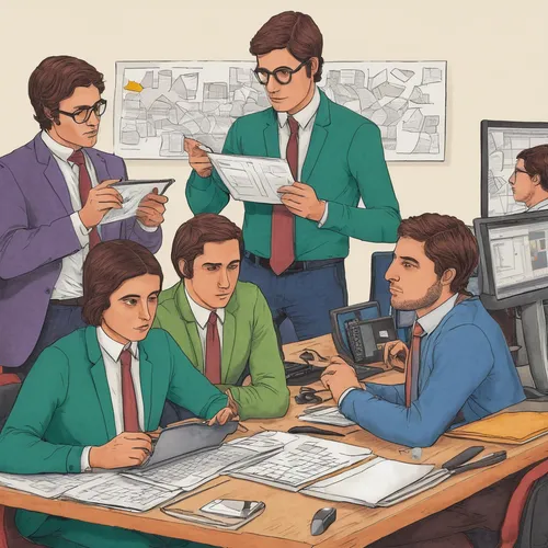 Illustrate a meme showcasing coworkers working together on a challenging task,businessmen,office line art,advisors,business people,business men,consultants,interns,modern office,staplers,retro cartoon