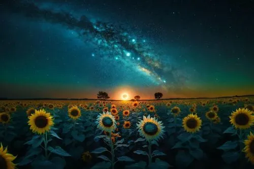 sunflower field,cosmic flower,sunflowers,astronomy,the milky way,starry night,milky way,flower field,field of flowers,blooming field,sun flowers,sunflower,astronomical,cosmos field,flowers celestial,milkyway,colorful stars,sun flower,cosmos,flowers field