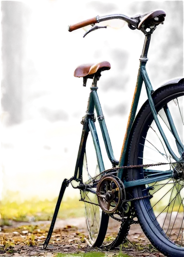 Vintage bicycle, old-fashioned design, curved frame, rusty chain, worn-out seat, wooden wheels, metal pedals, morning dew, soft sunlight, 3/4 composition, shallow depth of field, warm color tone, cine