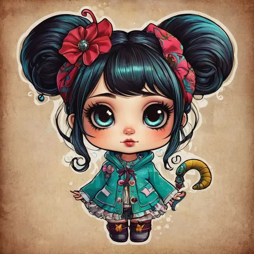 chibi girl,cute cartoon character,geisha girl,kokeshi doll,vintage girl,painter doll,little girl,rockabilly style,rockabella,wooden doll,oriental girl,fairy tale character,artist doll,cloth doll,chibi,kids illustration,rockabilly,little girl fairy,the little girl,cute cartoon image,Illustration,Abstract Fantasy,Abstract Fantasy 10