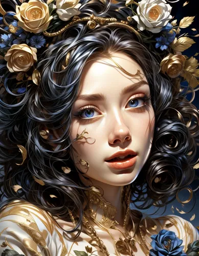 fantasy portrait,gold leaf,golden wreath,blue hydrangea,golden flowers,hydrangea,golden crown,gold filigree,gold flower,hydrangeas,flora,gold foil mermaid,rosa ' amber cover,maiden anemone,delphinium,artemisia,blue rose,gold foil art,mary-gold,jasmine blossom