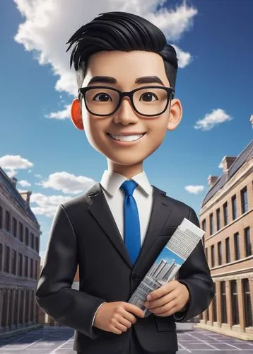 Diploma in architectural design, young adult, male, suited, tie, glasses, short black hair, holding diploma, standing, proud smile, architectural model, modern building, cityscape, blue sky, white clo