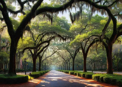 Create a serene scene featuring the Spanish moss-draped trees of Savannah, GA.,brookgreen gardens,tree-lined avenue,south carolina,tree lined lane,tree lined,spanish moss,savannah,tree lined path,alli