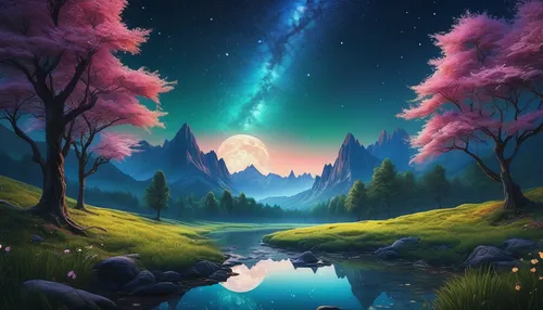 fantasy landscape,fairy galaxy,unicorn background,landscape background,fantasy picture,fairy world,colorful stars,moon and star background,fairy forest,cartoon video game background,forest background,starry sky,cosmos field,spring background,rainbow and stars,beautiful landscape,forest of dreams,forest landscape,children's background,dream world,Photography,Documentary Photography,Documentary Photography 16