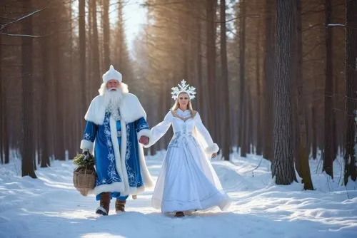 the man in blue is wearing white and the woman has a basket,suit of the snow maiden,russian traditions,filaret,estonians,skal,moroz,Photography,General,Realistic