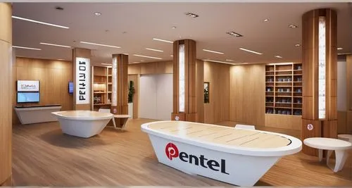 This is a product stand from the art fancy brand 'Pentel.' Products are displayed on the stand with Fentel's logo on it. Each pillar is surrounded by a chair, the seats are cushioned, and the walls ar