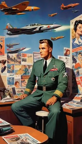 An USAF 1950s jet fighter pilot in outgoing dress uniform is sitting in a flyers bsr and behind him on the wall are several posters with women, some old, grumbled, torn, of stunning dressed pin-up gir